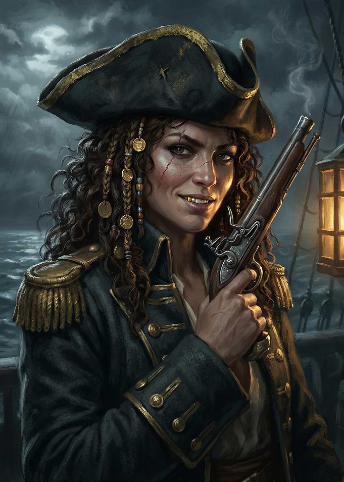 Female Pirate with Pistol on Ship