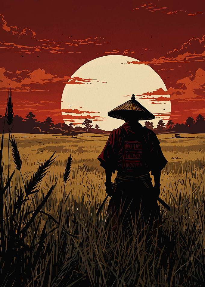 Samurai in a Field at Sunset