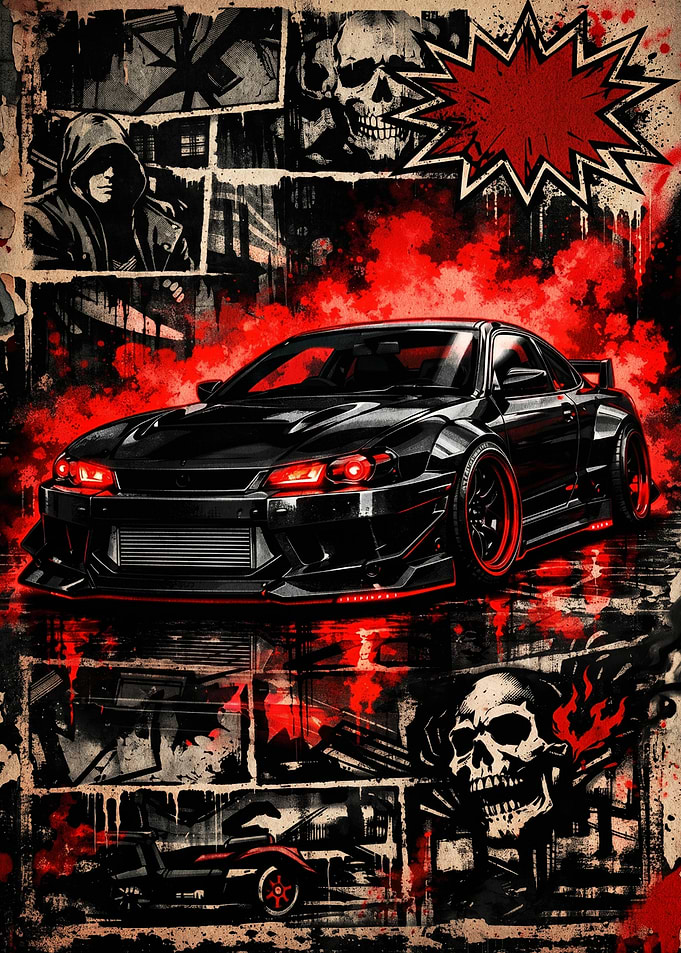 Aggressive Black Sports Car with Red Accents