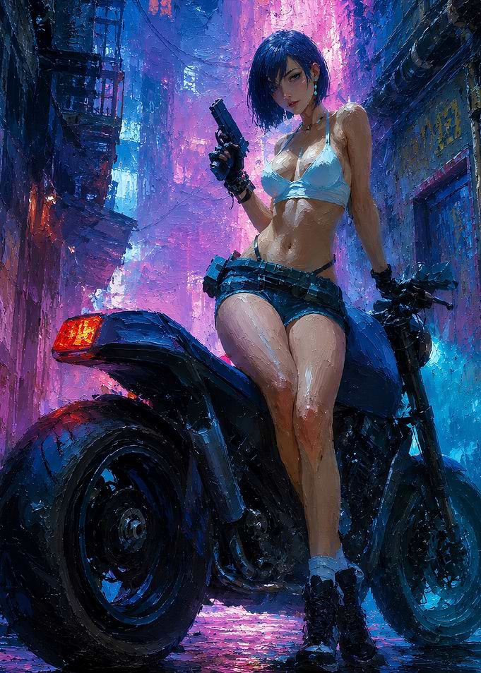 Cyberpunk Woman with Gun and Motorcycle
