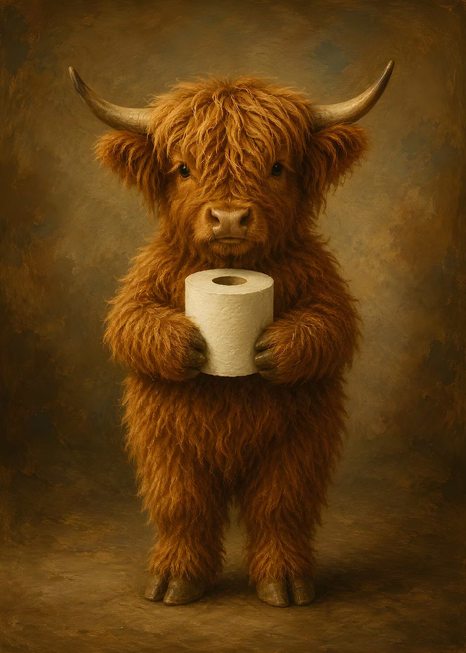 Cute Highland Cow Holding Toilet Paper