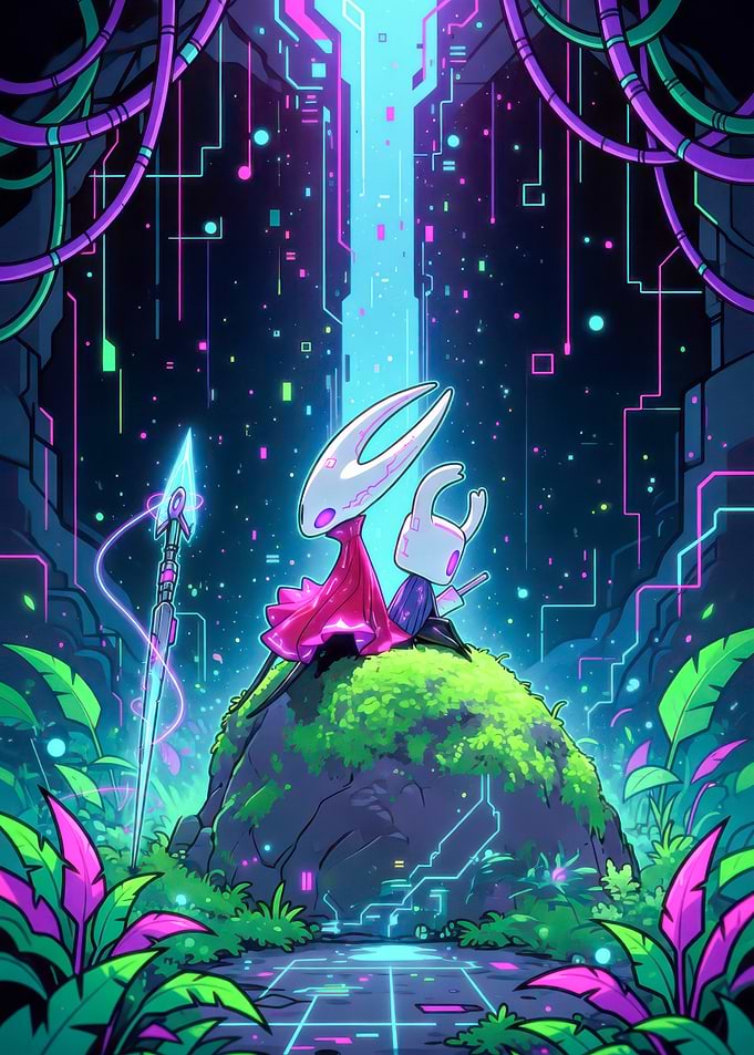 Hornet and Knight in Cyberpunk Nature