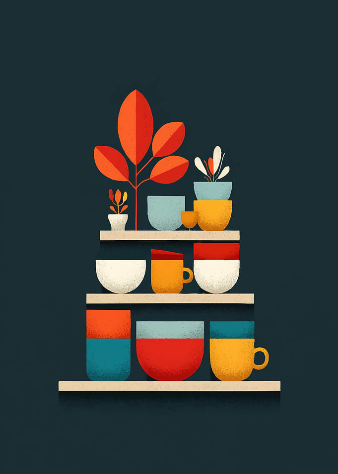 Minimalist Shelves with Colorful Pots