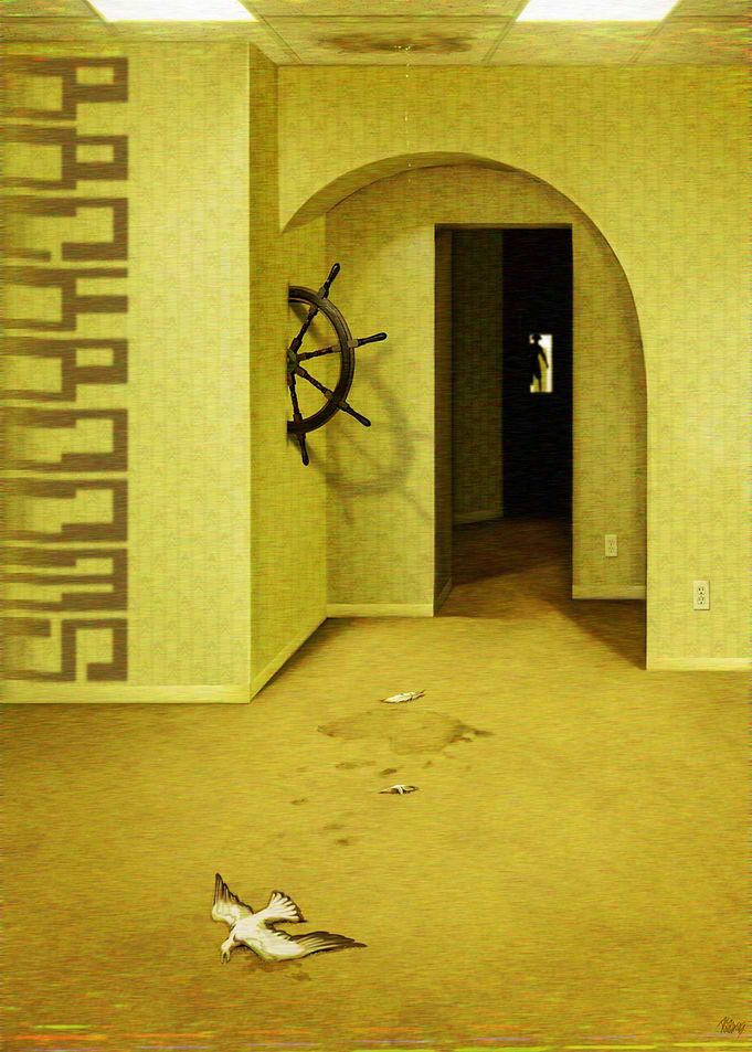 Surreal Room with Ship Wheel and Bird