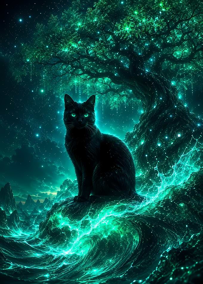 Black Cat in a Mystical Forest
