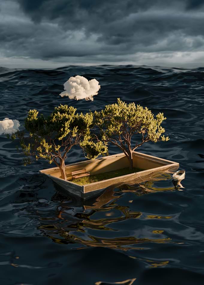 Boat island with trees in stormy sea