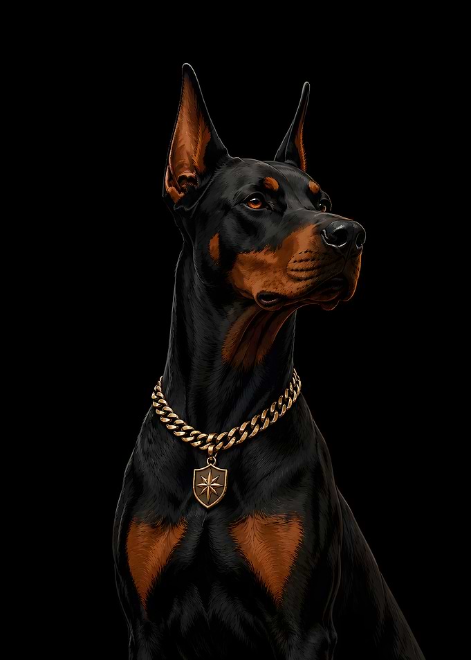 Doberman with Gold Chain and Pendant