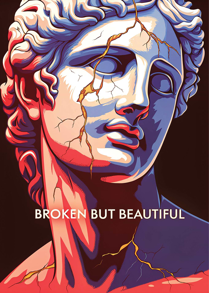 Broken Statue with Inspirational Text BROKEN BUT BEAUTIFUL