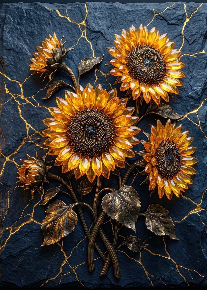 Crystal Sunflowers on Dark Stone