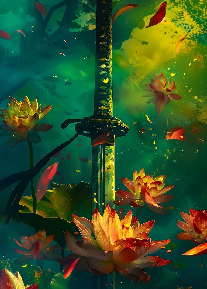 Samurai Sword Amidst Lotus Flowers