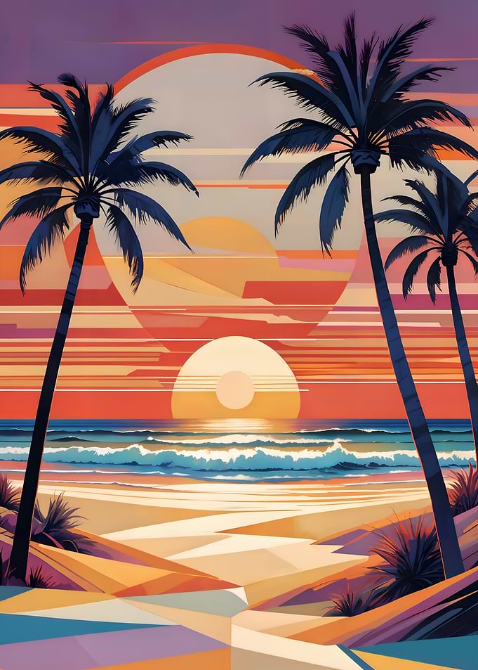 Geometric Sunset Beach with Palm Trees