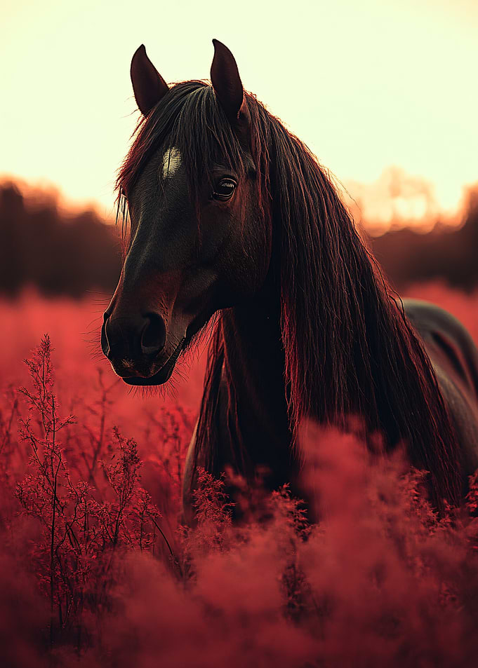 Majestic Black Horse in Red Field
