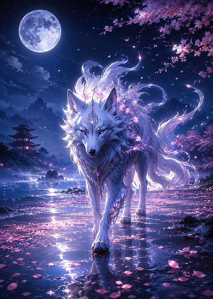 Mythical White Wolf Under a Full Moon