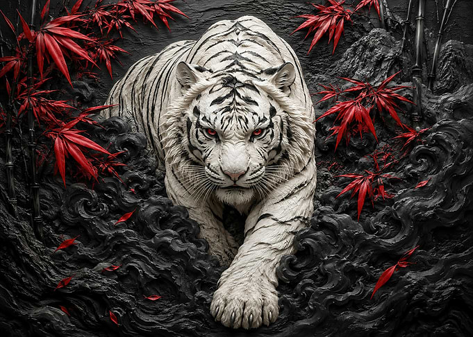 White Tiger with Red Maple Leaves