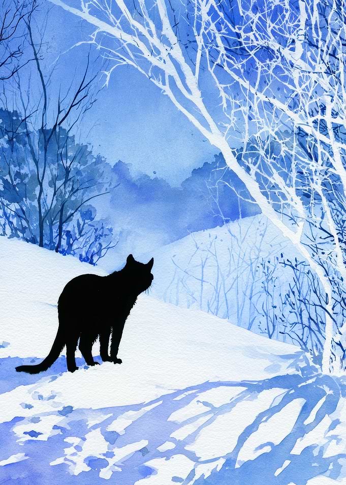 Black cat in snowy landscape