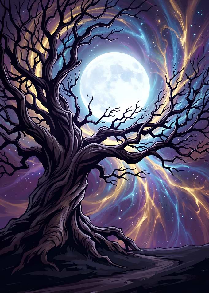 Gnarled Tree Under a Cosmic Full Moon