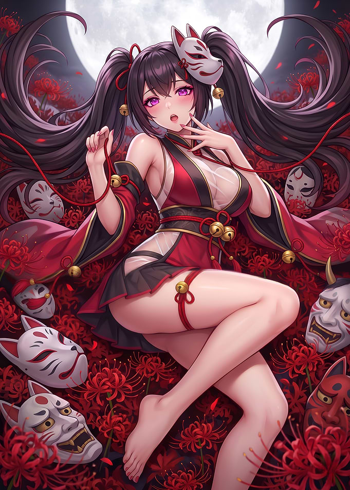 Kitsune Anime Girl in Red Spider Lilies