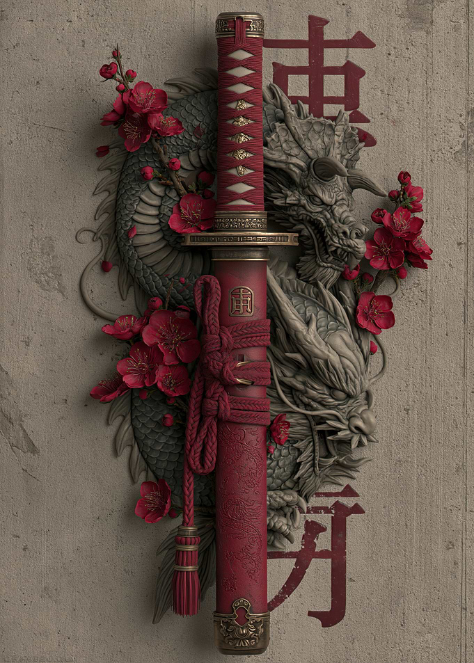 Samurai Sword with Dragon and Cherry Blossoms