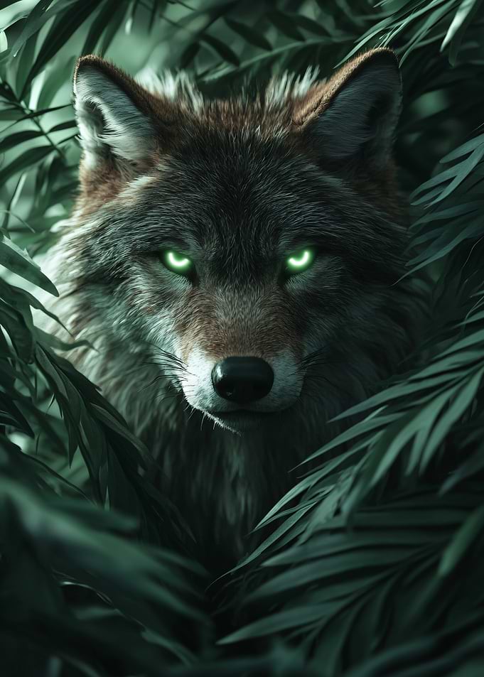 Wolf with glowing green eyes in foliage
