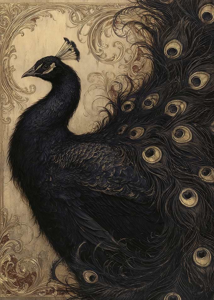 Elegant Black Peacock with Golden Ornate Background