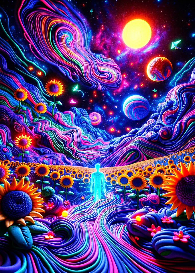 Cosmic Sunflower Field with Glowing Figure