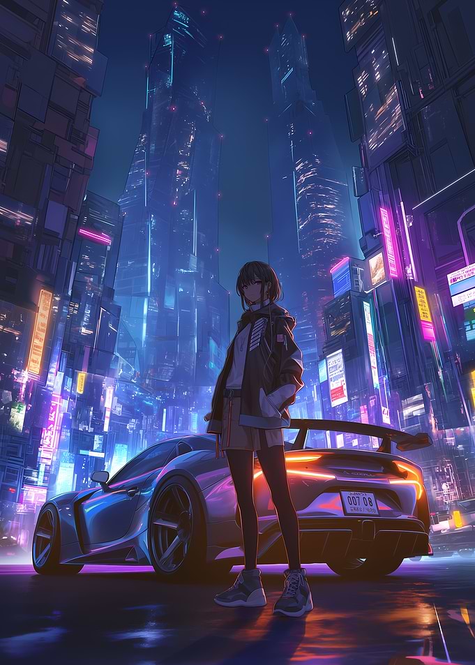 Anime Girl with Sports Car in Cyberpunk City
