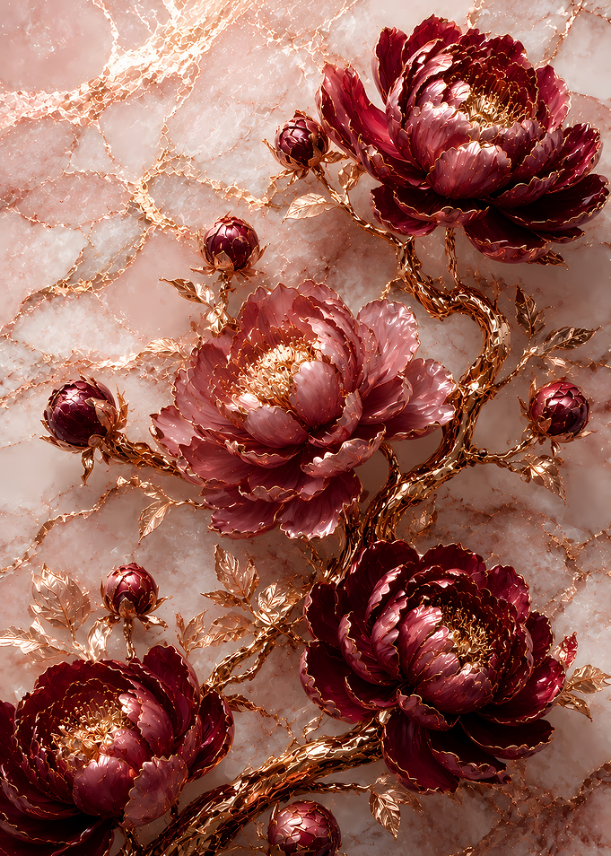 Gilded Peonies on Marble