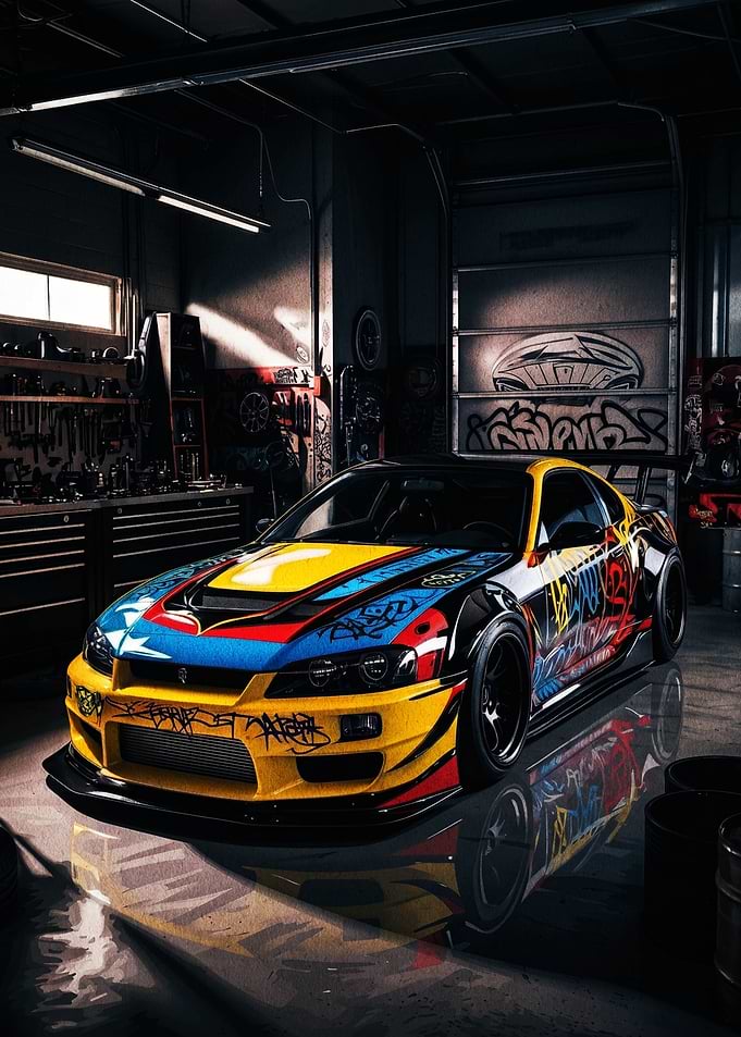 Graffiti-Wrapped Sports Car in Garage