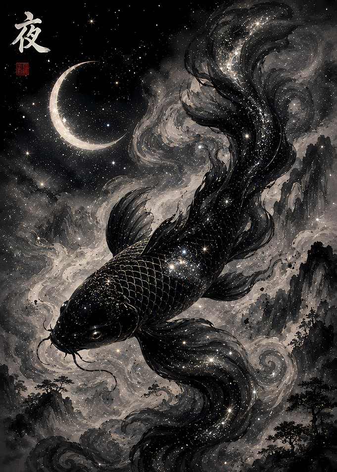 Cosmic Koi Fish in Night Sky