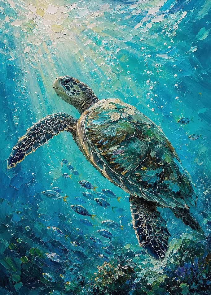 Sea Turtle Swimming in Sunlit Ocean
