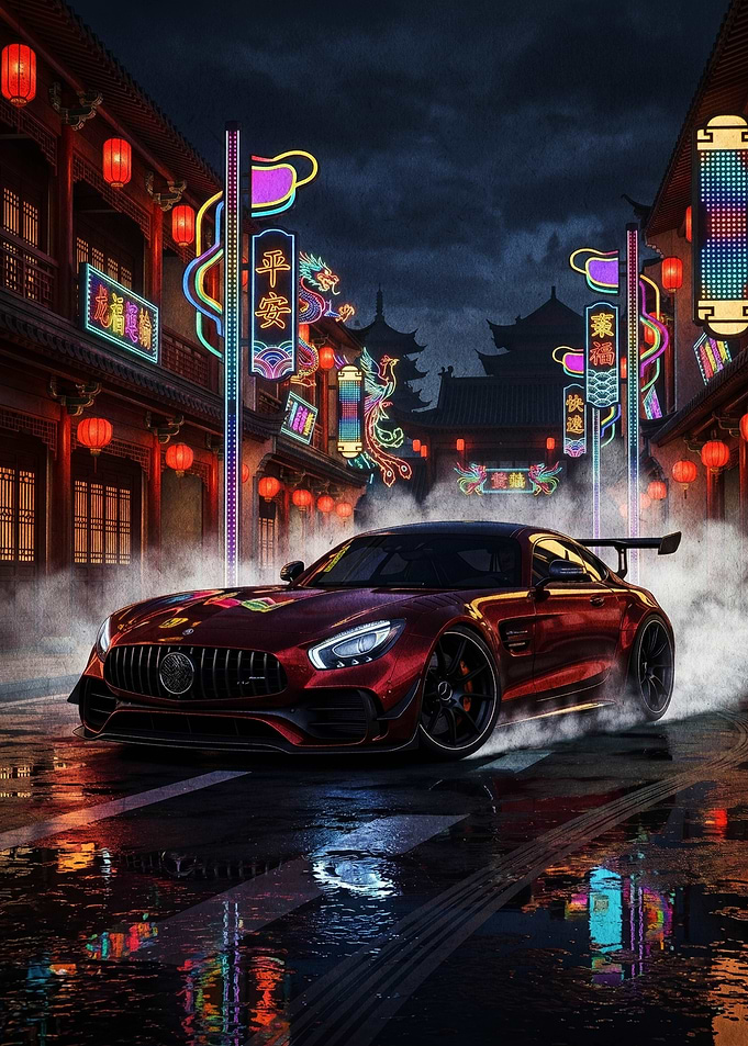 Red Sports Car Drifting in Neon Asian City