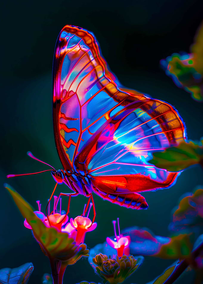 Iridescent Butterfly on Pink Flowers