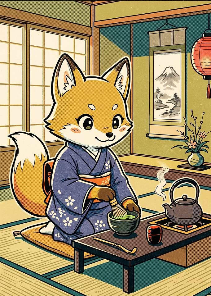 Cute Fox Making Matcha Tea
