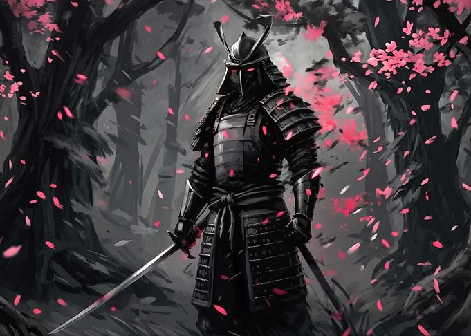 Samurai Warrior in Cherry Blossom Forest