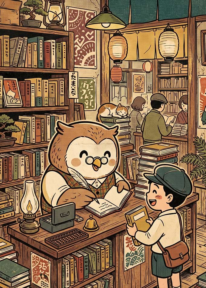 Owl Librarian and Boy in Bookstore