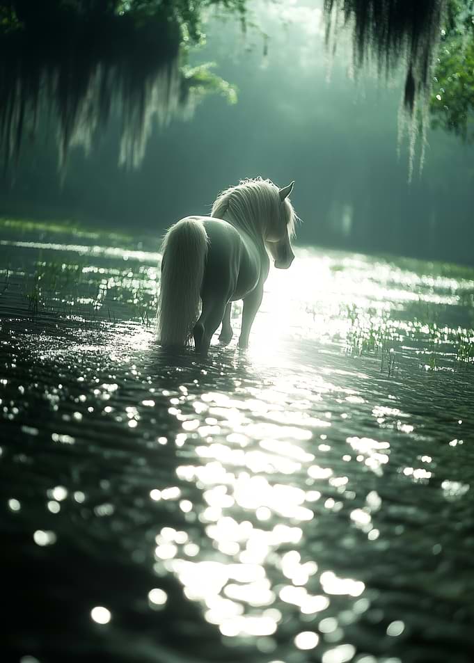 White horse in misty swamp
