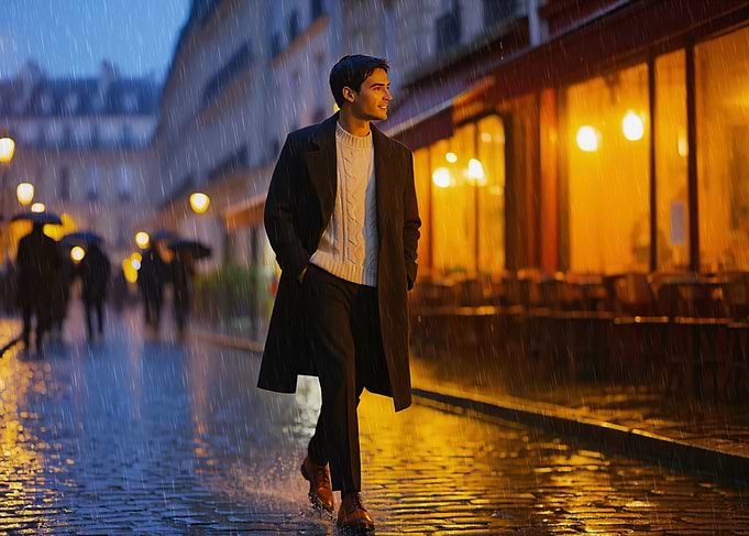 Man walking in the rain in Paris