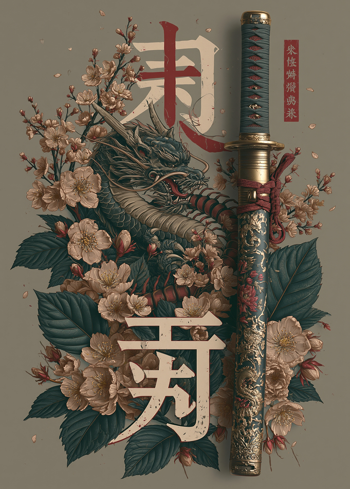 Dragon and Katana with Cherry Blossoms