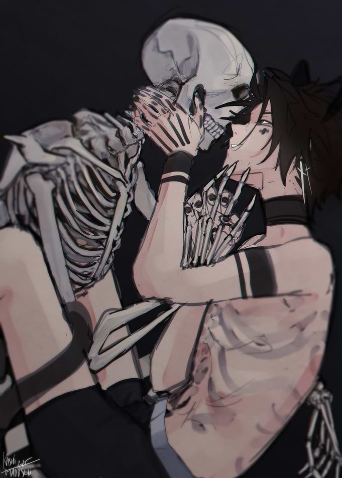 Gothic Embrace: Human and Skeleton Kiss