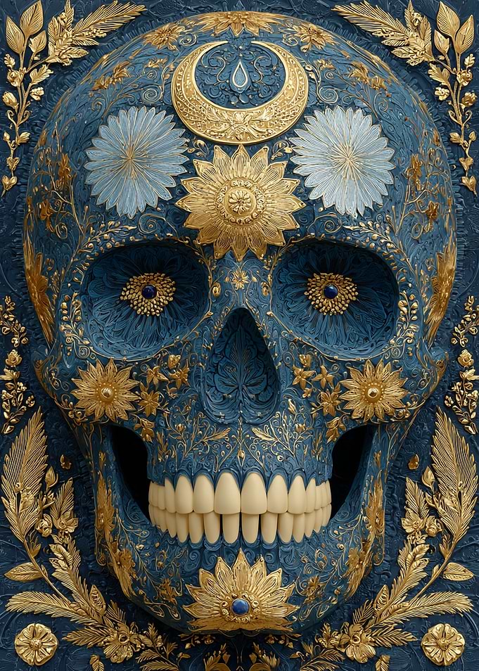 Ornate Blue and Gold Skull