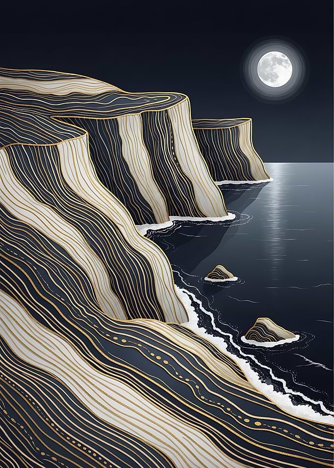Moonlit Coastal Cliffs Gold – Ocean Wall Art, Night Coastline Poster, Luxury Nature Print