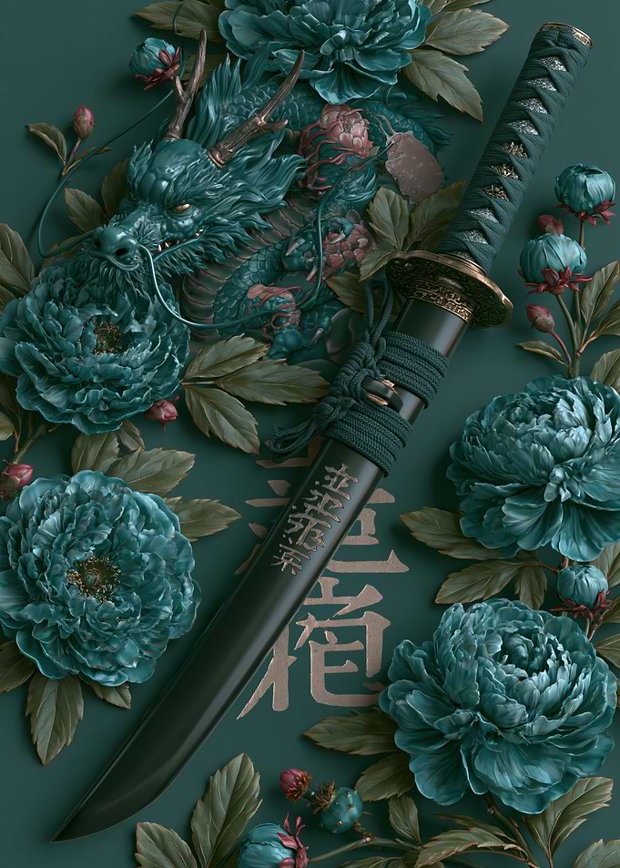 Dragon and Katana with Peonies