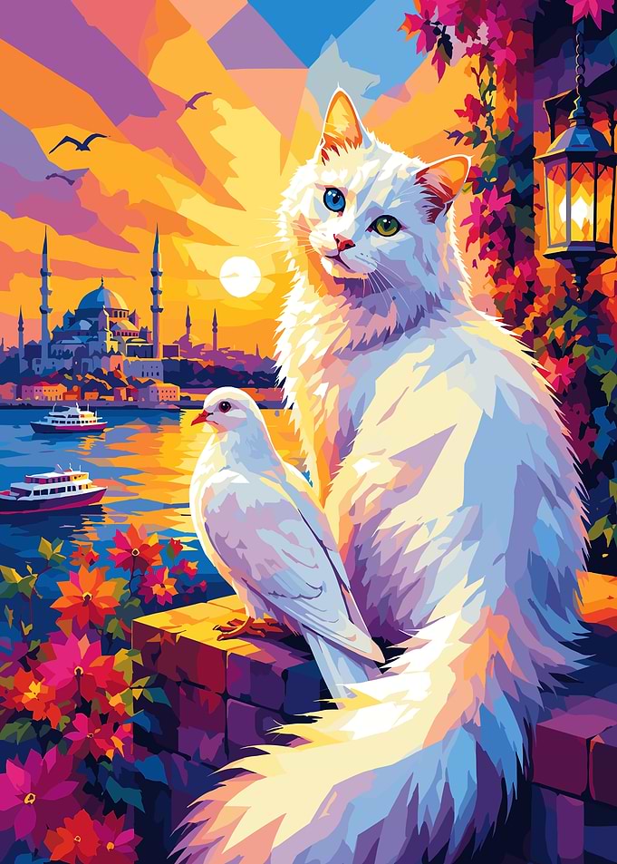 Cat and Dove in Istanbul Sunset
