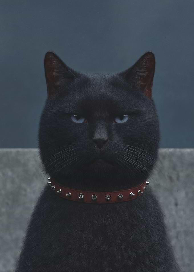 Black Cat with Blue Eyes and Spiked Collar
