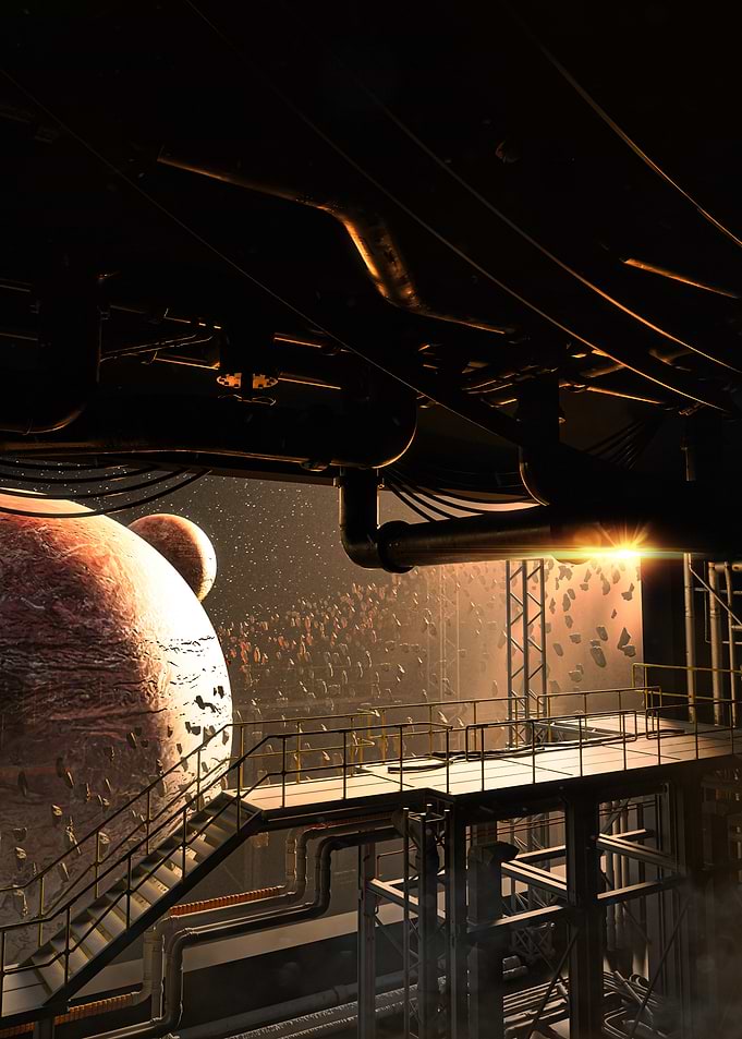 Sci-fi industrial space station with planets