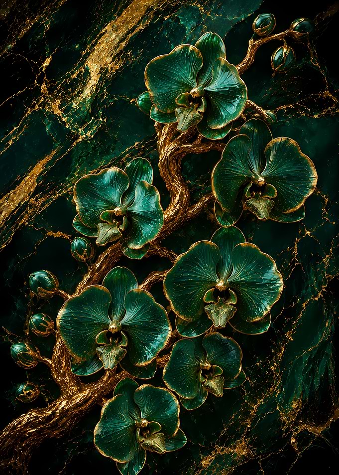 Emerald Orchids on Gold Branch