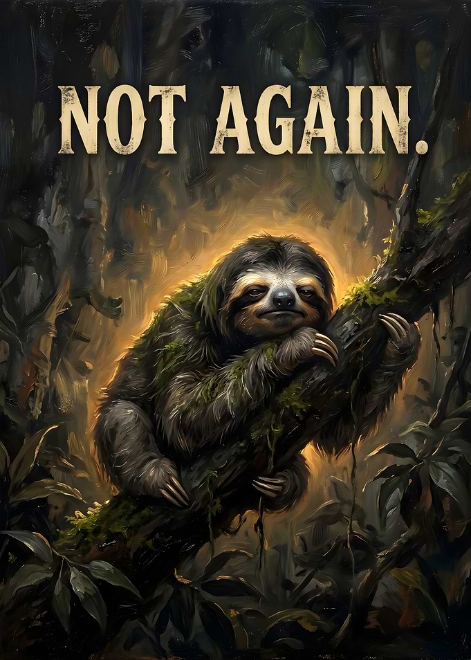 Sloth Hanging in Jungle NOT AGAIN text