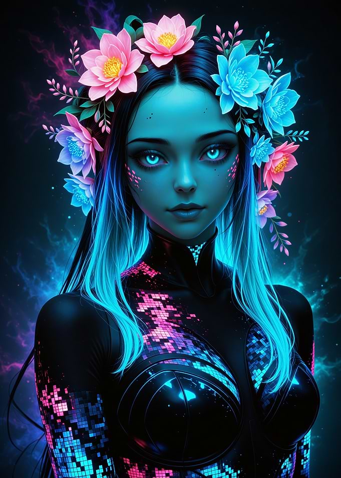 Cyberpunk Woman with Floral Crown