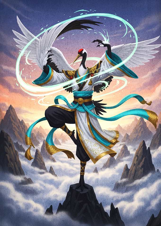 Crane Warrior in Misty Mountains