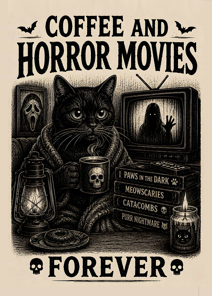 Cat Enjoying Coffee and Horror Movies